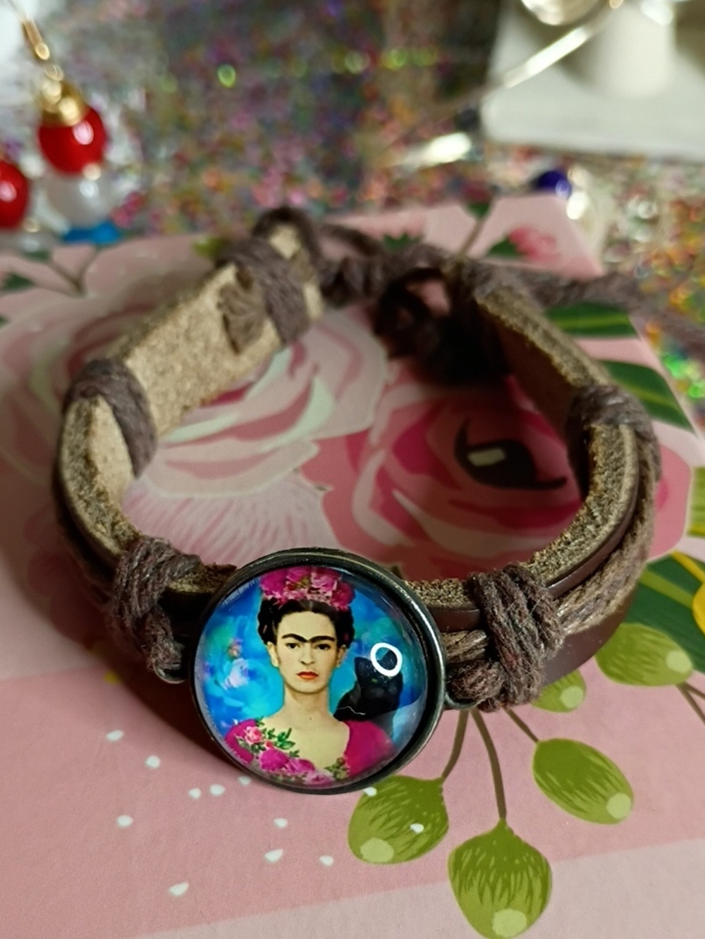 Brown Leather Adjustable Bracelet with Colorful Freda Charm